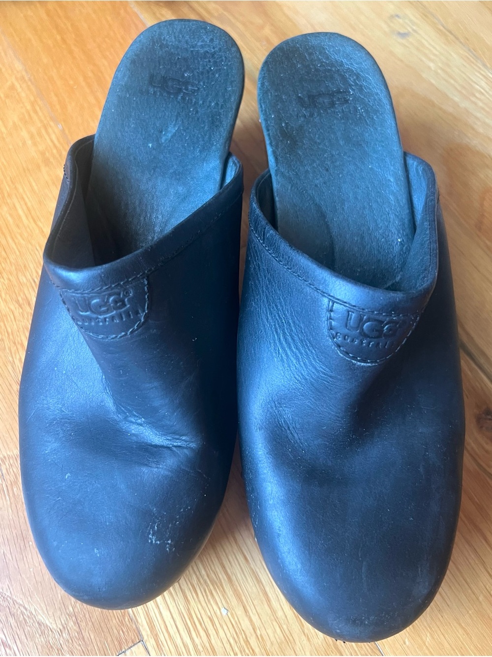 UGG Black Leather Slip-On Mule Clogs